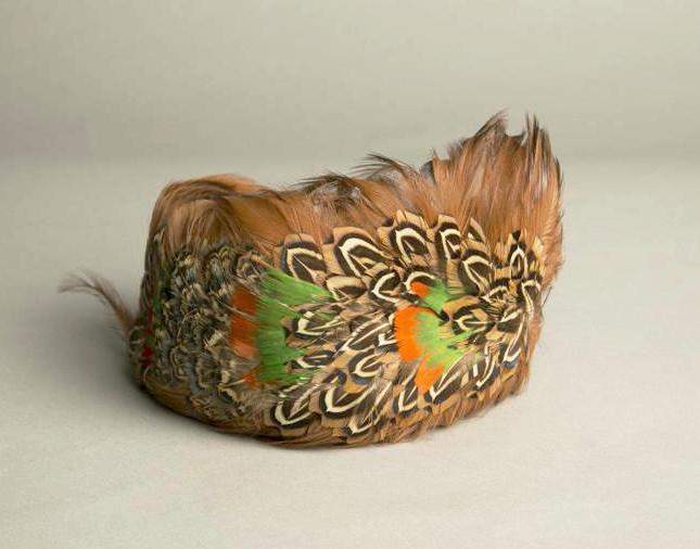 Vintage Feathered Toque Hat in orange, green, and brown with genuine bird feathers, 1970s millinery.