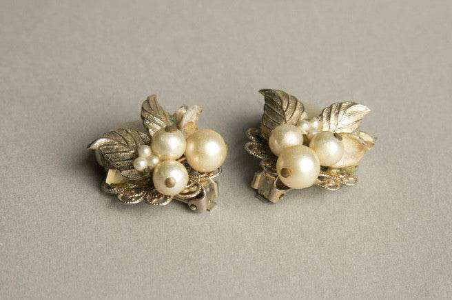 Vintage floral Pearl Clip on Earrings with filigree design, 1950s.
