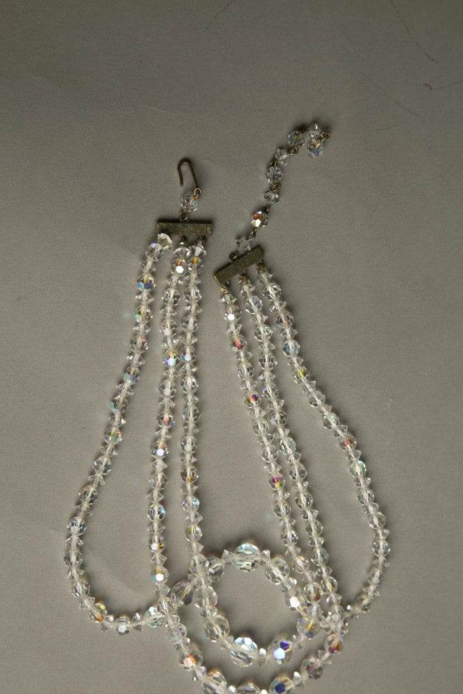 Crystal Vintage Jewelry Aurora Borealis Beaded Necklace with multi-strand clear faceted crystals, 1950s vintage style.