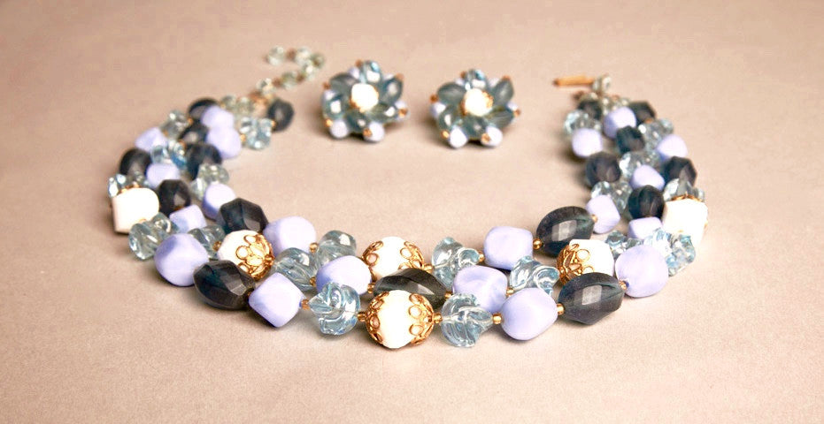 Blue Demi Parure Earrings Necklace Set Vintage Plastic Jewelry