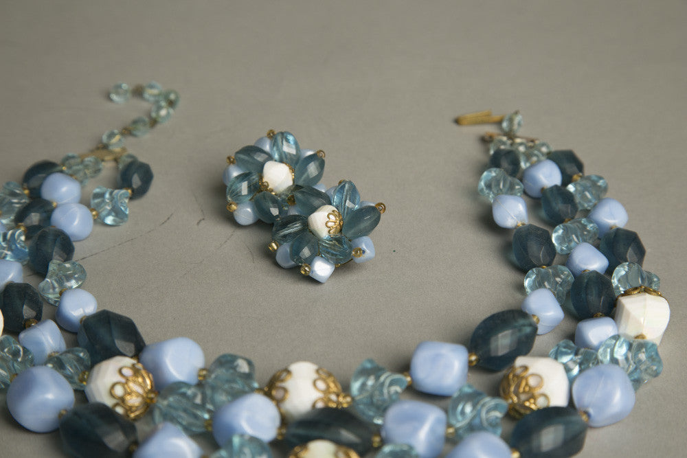 Blue Demi Parure Earrings Necklace Set Vintage Plastic Jewelry
