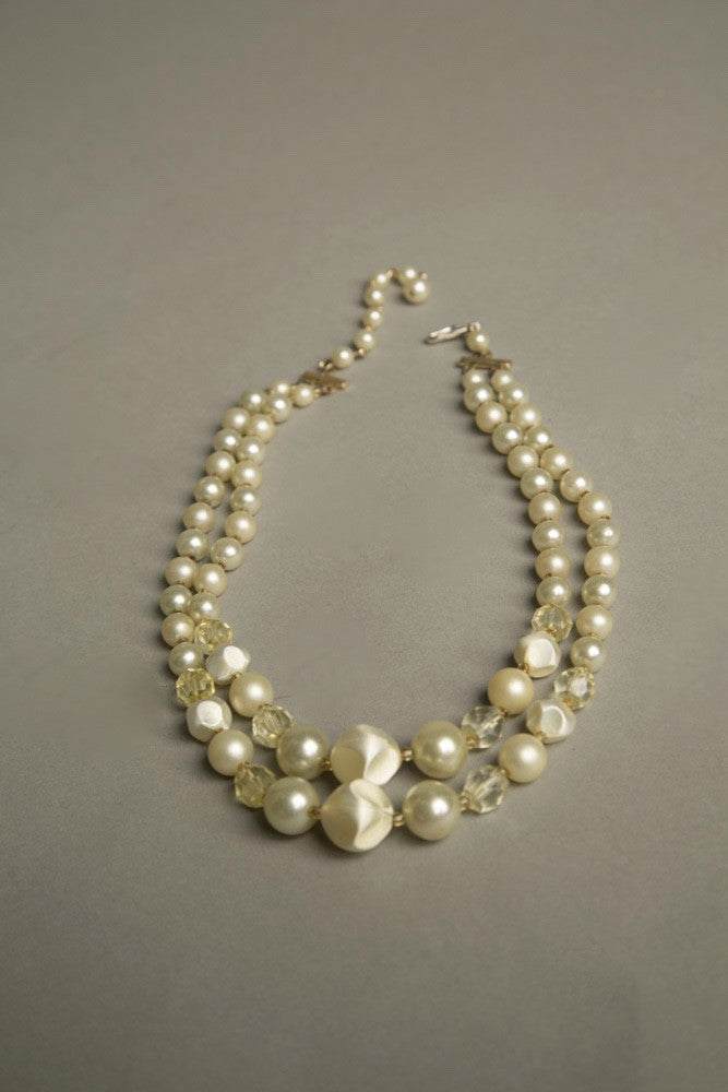 Retro short necklace with two strands of faux pearls and yellow crystals, vintage 1960s Japan.