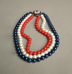 Vintage Patriotic Jewelry Red White Blue Beaded Set of Necklace and Clip on Earrings