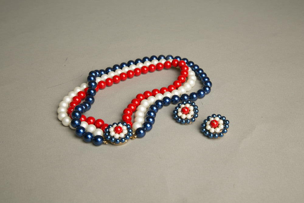 Vintage Patriotic Jewelry Red White Blue Beaded Set of Necklace and Clip on Earrings