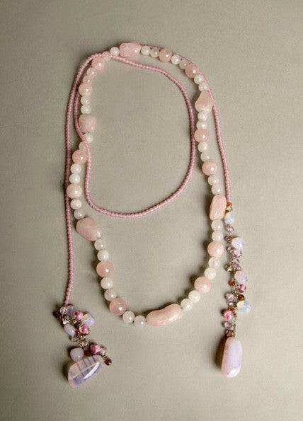 Pink stone necklace set with genuine agatha rocks, vintage lariat scarf jewelry handmade in Brazil.