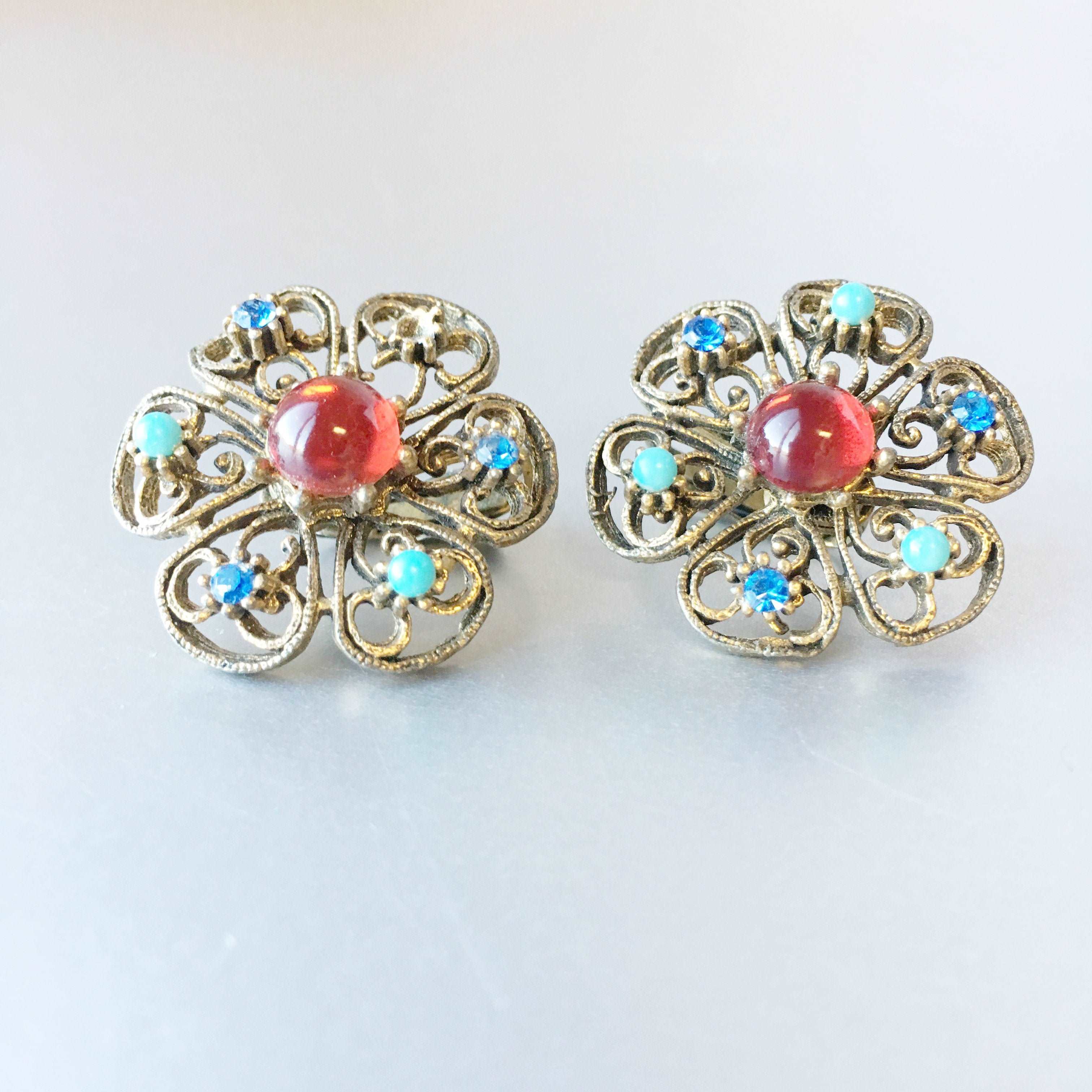 Blue Red Floral Filigree Clip on Earrings Vintage Jewelry