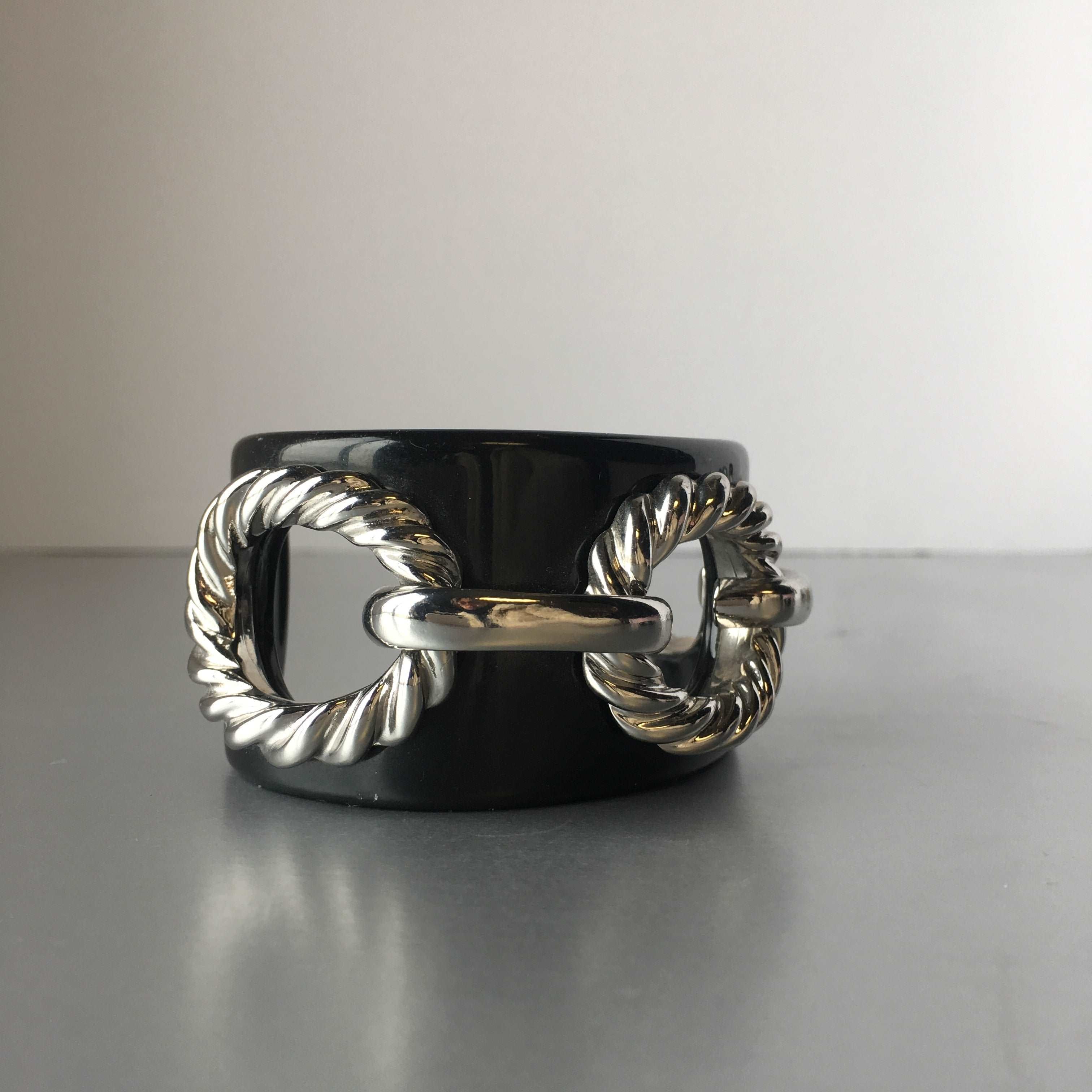 Black Resin Cuff Silver Rope Chain Bracelet Vintage Plastic Jewelry
