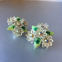 Floral Rhinestones Green White Clip on Earring Vintage Jewelry