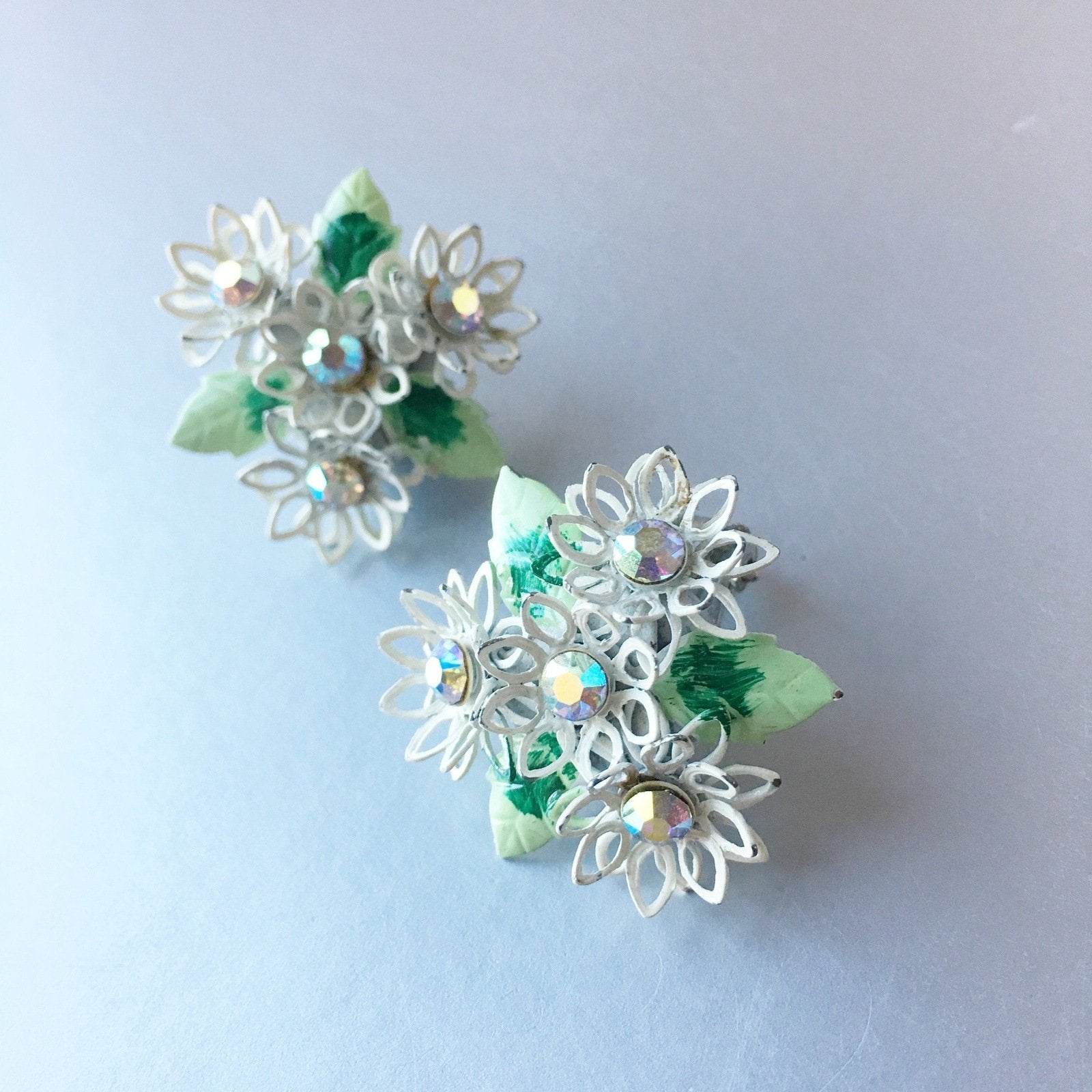 Floral Rhinestones Green White Clip on Earring Vintage Jewelry