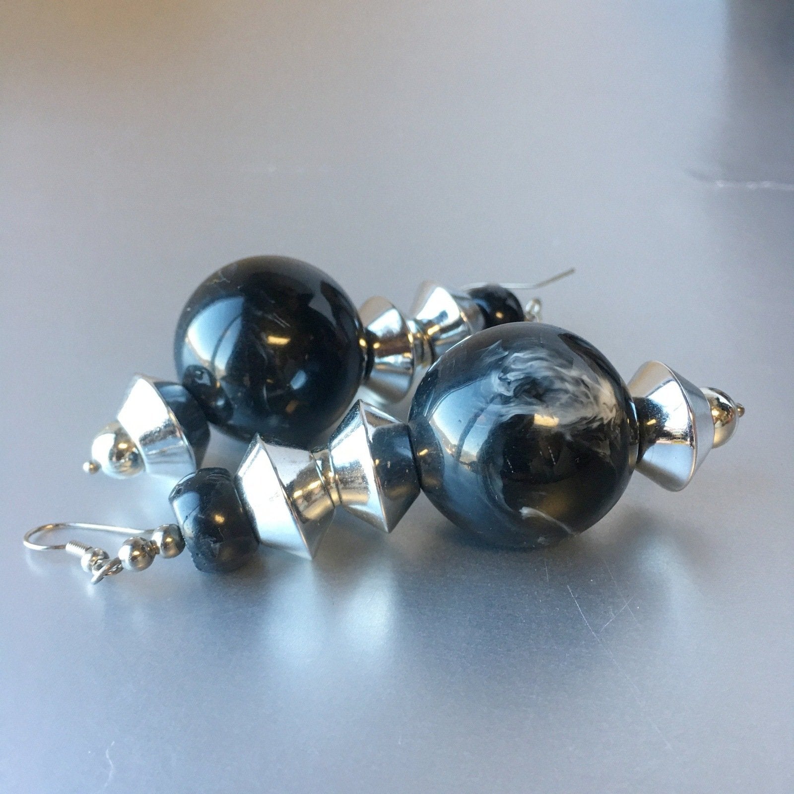 Silver Black Bold Dangling Earrings Vintage Plastic Jewelry