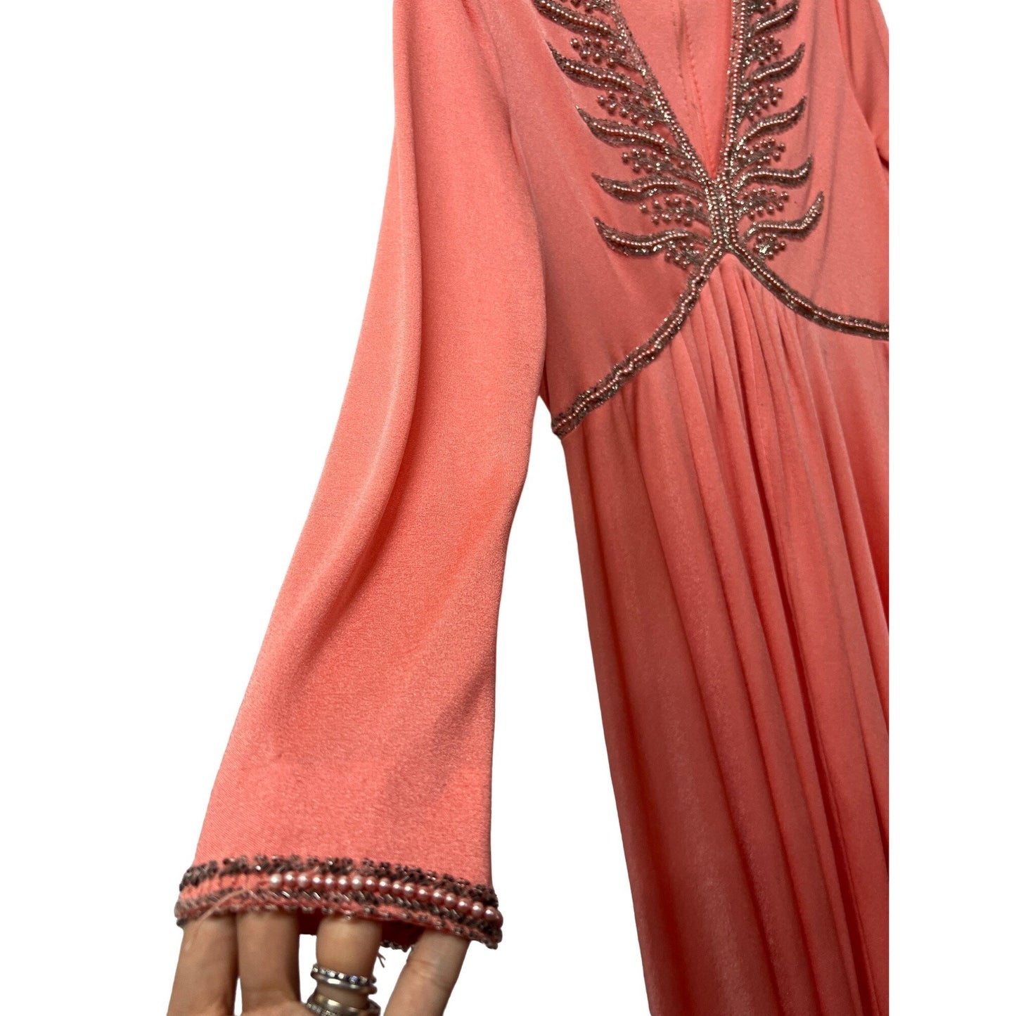 Vintage Jack Brian 1970 Maxi Dress Salmon Pink Beaded Special Evening