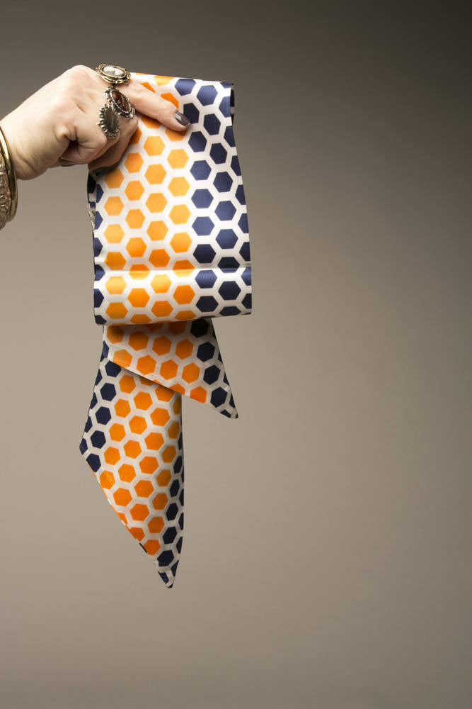 Vintage Scarf Long Orange Navy Blue White Polka Dots