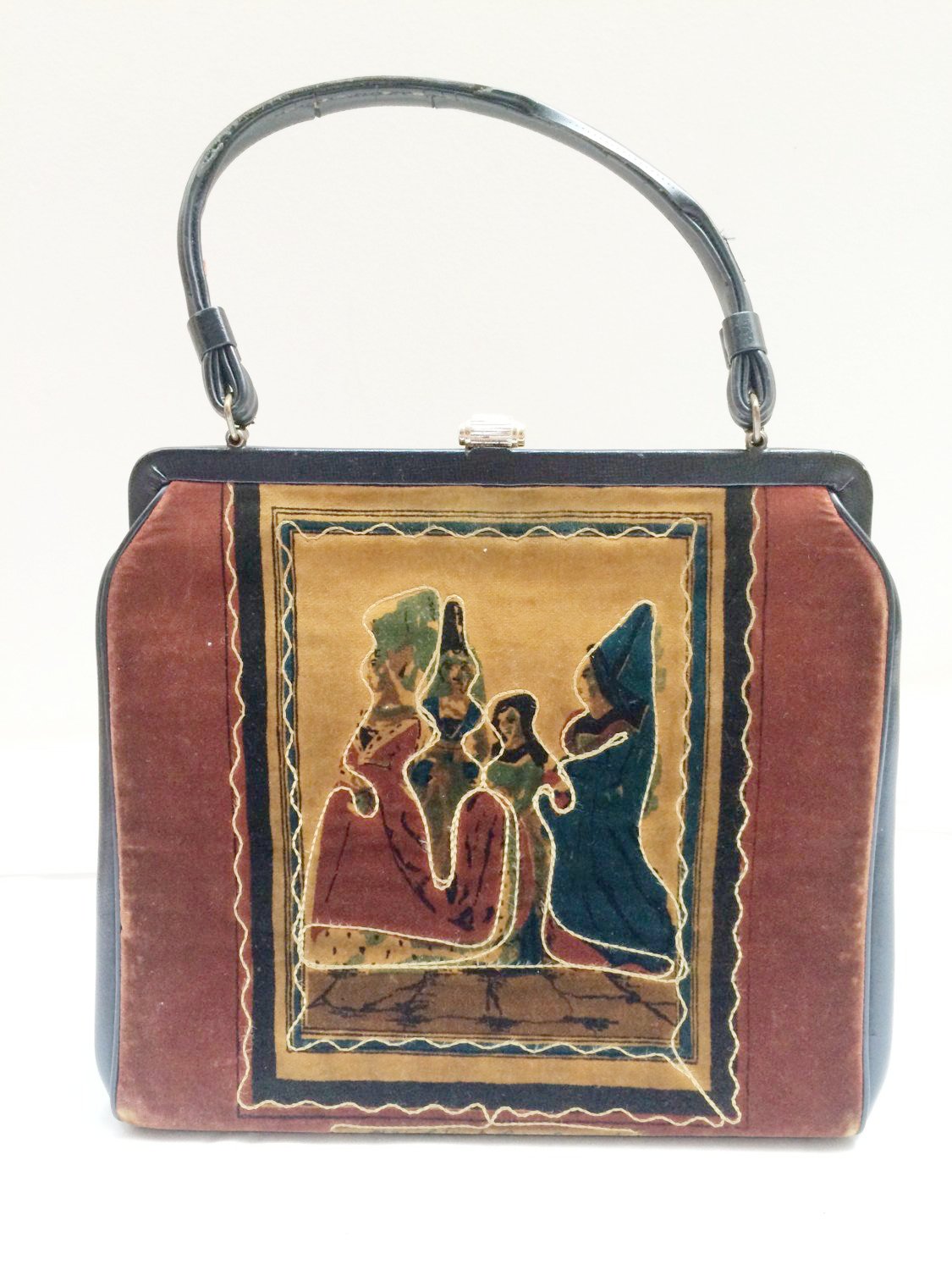 German Renaissance Fashionista Bag Velour Tapestry Purse Vintage Accessory