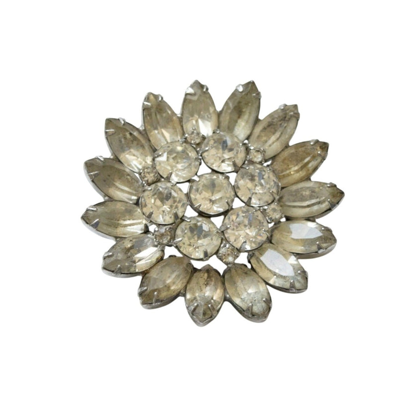 Vintage c.1950s Weiss Smoky Grey Rhinestone Sunflower Brooch Dimensional Tiered Petals 2" Diameter Fundraiser Supports Sustainable Fashion