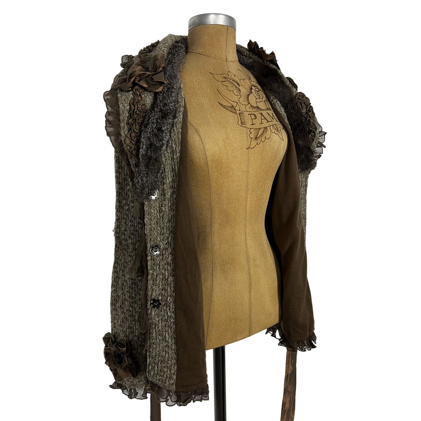 Hope Emma Darling Cardigan Wool Blend Sweater Ruffles Flowers Rabbit Fur