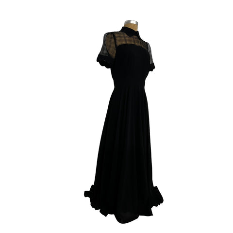 Differentes Black Feminine Design Neckline Long Dress Sheer Short Sleeve