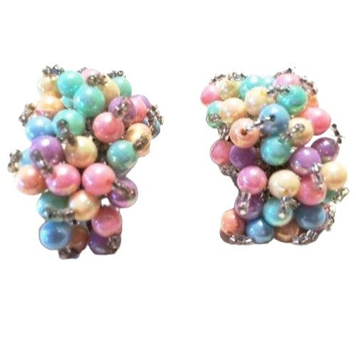 Vintage Pastel Beaded Cluster Clip-On Earrings 1930s Handmade Statement Jewelry 2 Inches