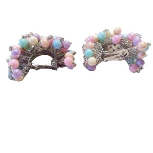 Vintage Pastel Beaded Cluster Clip-On Earrings 1930s Handmade Statement Jewelry 2 Inches