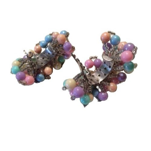 Vintage Pastel Beaded Cluster Clip-On Earrings 1930s Handmade Statement Jewelry 2 Inches