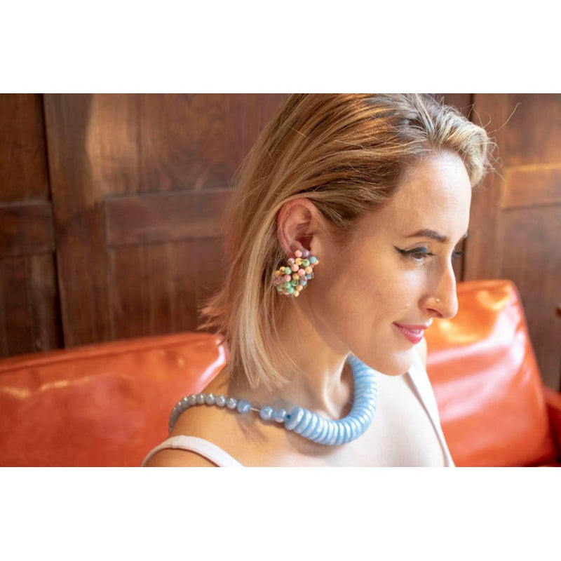 Vintage Pastel Beaded Cluster Clip-On Earrings 1930s Handmade Statement Jewelry 2 Inches
