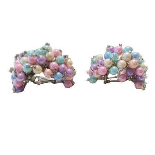 Vintage Pastel Beaded Cluster Clip-On Earrings 1930s Handmade Statement Jewelry 2 Inches