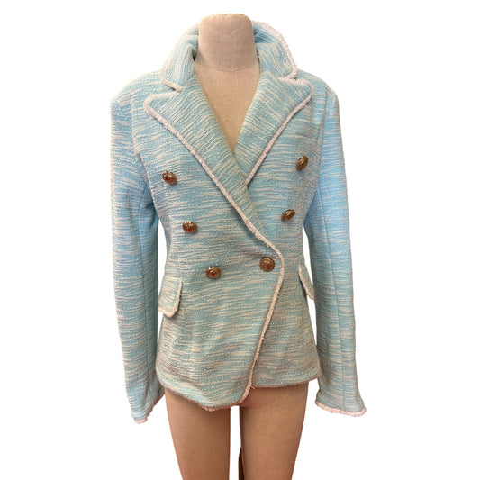 Vintage-Style Light Blue Textured Double-Breasted Blazer Jacket With Gold Buttons Size XL Womens Fashion Outerwear Professional Dry Clean