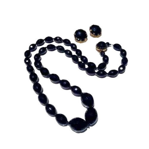 Vintage Black Beaded Necklace Clip-On Earring Set Faceted Gold-Tone Details 29.5" Necklace 1" Earrings Timeless Jewelry Set
