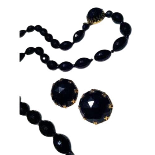Vintage Black Beaded Necklace Clip-On Earring Set Faceted Gold-Tone Details 29.5" Necklace 1" Earrings Timeless Jewelry Set