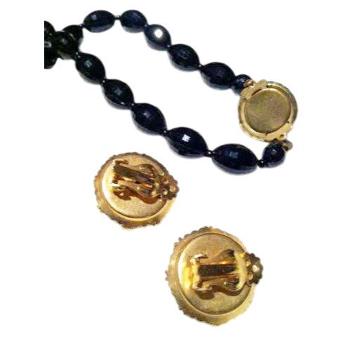 Vintage Black Beaded Necklace Clip-On Earring Set Faceted Gold-Tone Details 29.5" Necklace 1" Earrings Timeless Jewelry Set