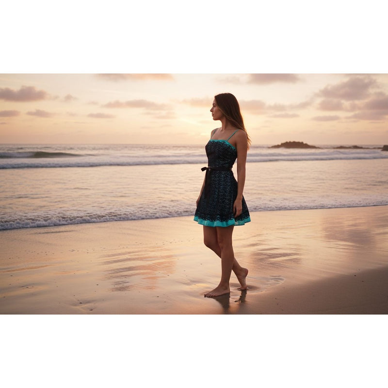 Jessica McClintock Gunne Sax Lace Overlay Dress Size 5/6 Black & Aqua Prom Cocktail Party