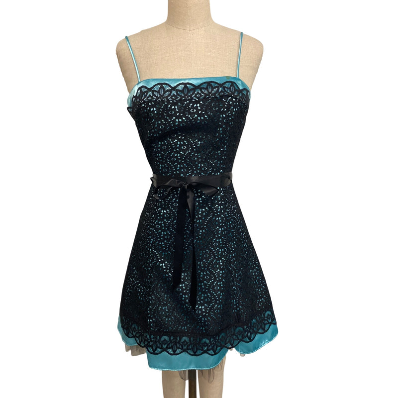 Jessica McClintock Gunne Sax Lace Overlay Dress Size 5/6 Black & Aqua Prom Cocktail Party