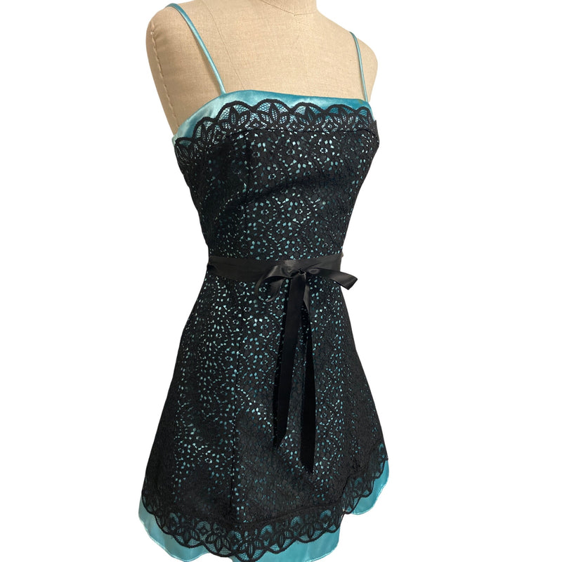Jessica McClintock Gunne Sax Lace Overlay Dress Size 5/6 Black & Aqua Prom Cocktail Party