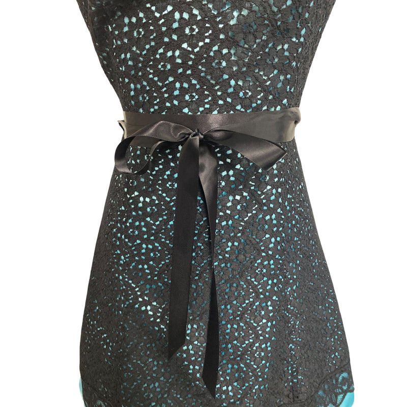 Jessica McClintock Gunne Sax Lace Overlay Dress Size 5/6 Black & Aqua Prom Cocktail Party