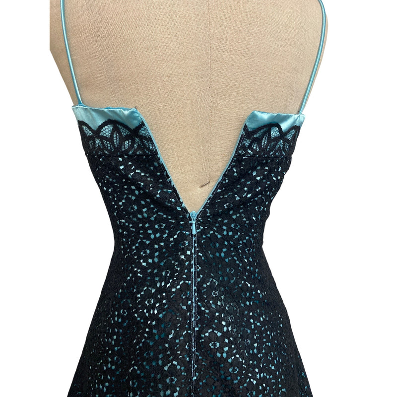 Jessica McClintock Gunne Sax Lace Overlay Dress Size 5/6 Black & Aqua Prom Cocktail Party