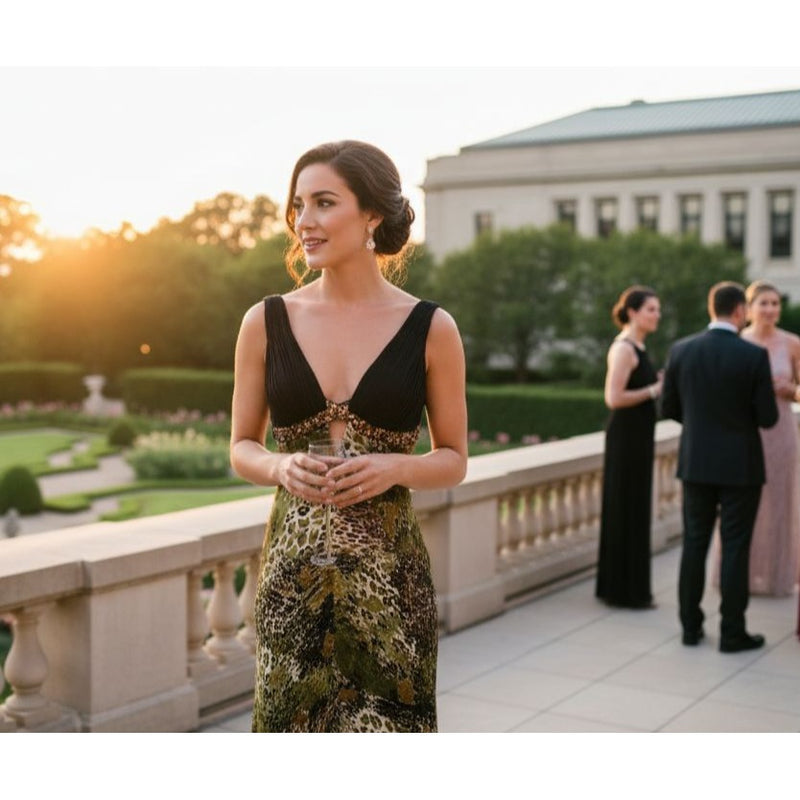 Vintage Dave & Johnny Sequin Beaded Empire Dress 1/2 Animal Print Polyester Spandex