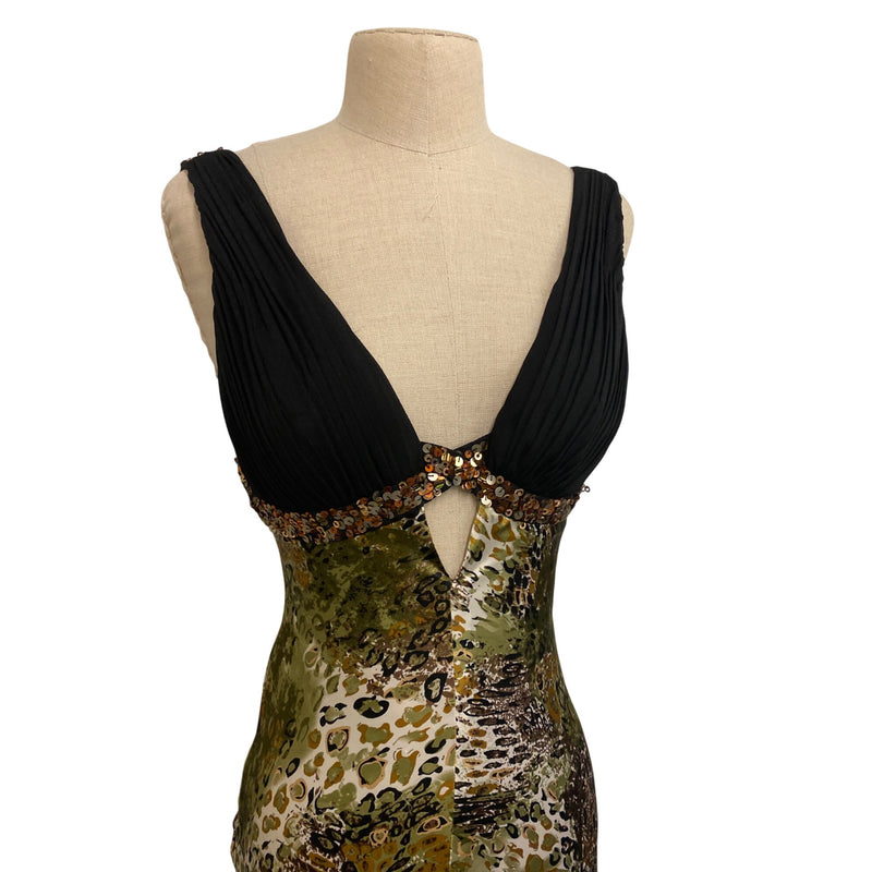 Vintage Dave & Johnny Sequin Beaded Empire Dress 1/2 Animal Print Polyester Spandex