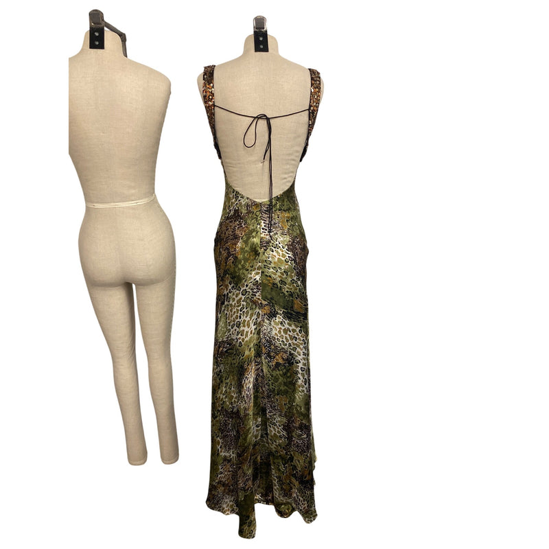 Vintage Dave & Johnny Sequin Beaded Empire Dress 1/2 Animal Print Polyester Spandex