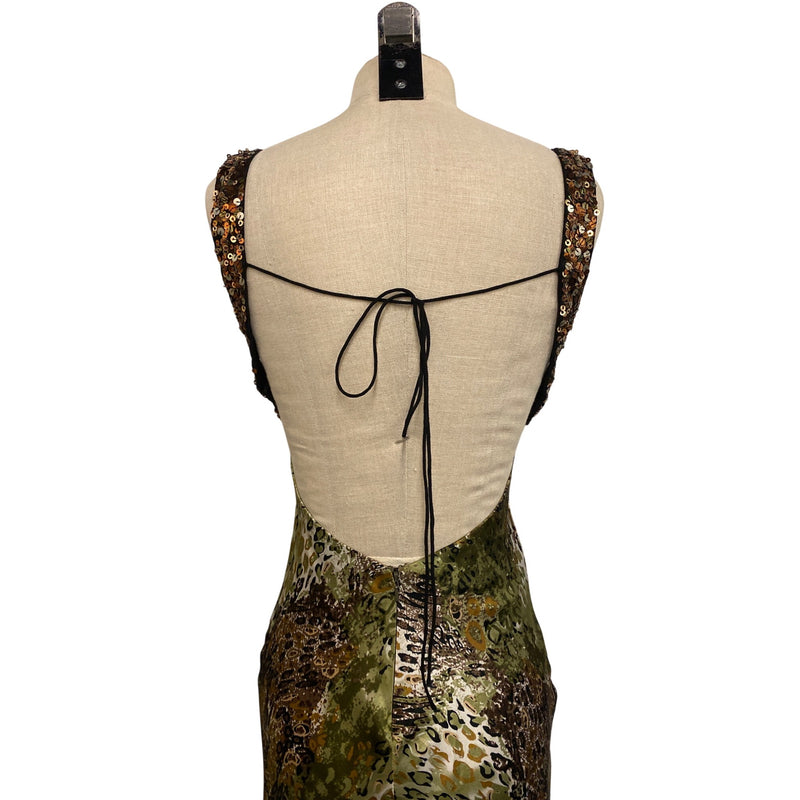 Vintage Dave & Johnny Sequin Beaded Empire Dress 1/2 Animal Print Polyester Spandex