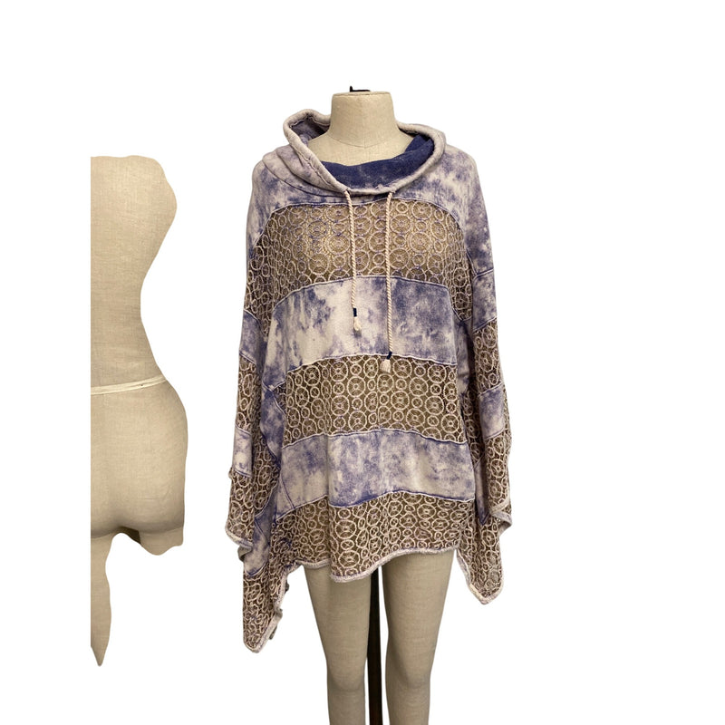 Free People Poncho Sweater Boho Chic Poncho With Lace Tie-Dye Patterns