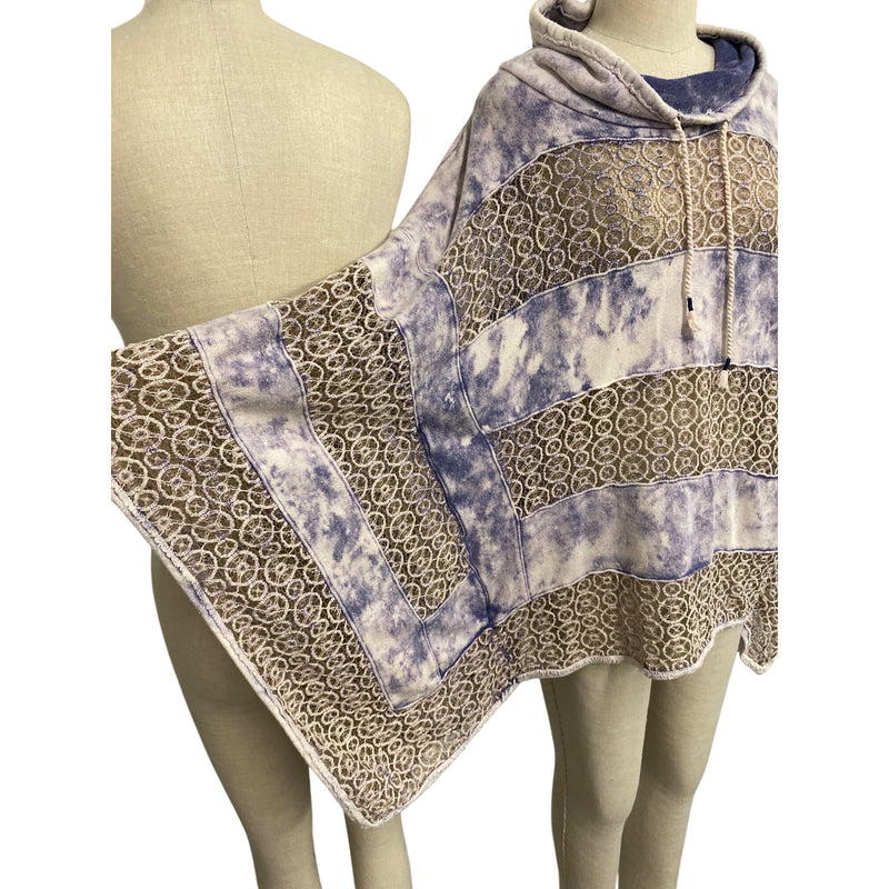 Free People Poncho Sweater Boho Chic Poncho With Lace Tie-Dye Patterns