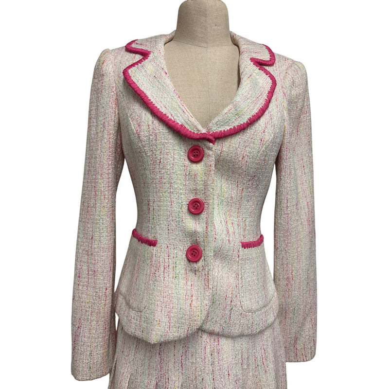 Vintage Y2K Chetta B Sherrie Bloom Peter Noviello Confetti Tweed Skirt Suit Pink Trim Size 6, Sustainable Fashion Education Fundraiser