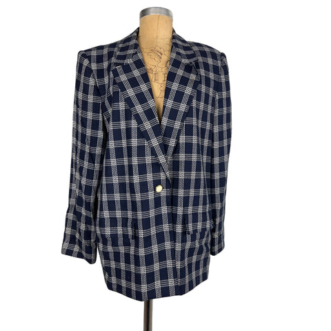 Country Suburbans Navy Blue White Plaid Blazer Authentic Vintage Oversized Jacket