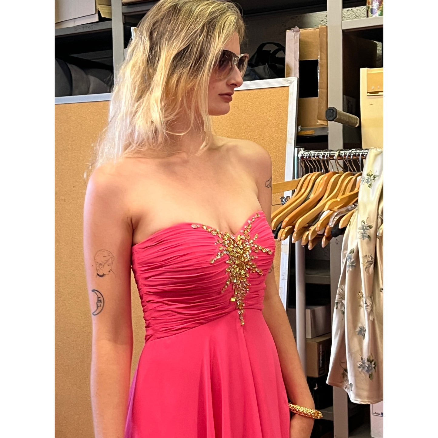 Vintage The Cool Collection Strapless Pink Dress Ruched Big Sparkling Rhinestone Embellishments Flowy Long Skirt Elegant Formal Homecoming