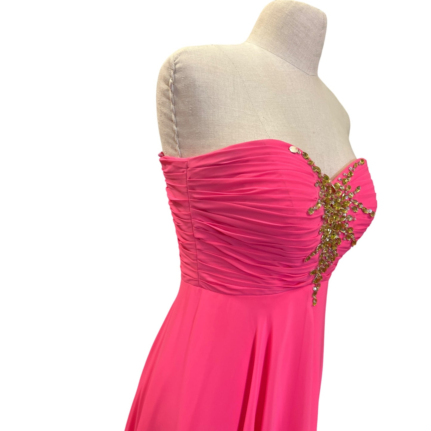 Vintage The Cool Collection Strapless Pink Dress Ruched Big Sparkling Rhinestone Embellishments Flowy Long Skirt Elegant Formal Homecoming