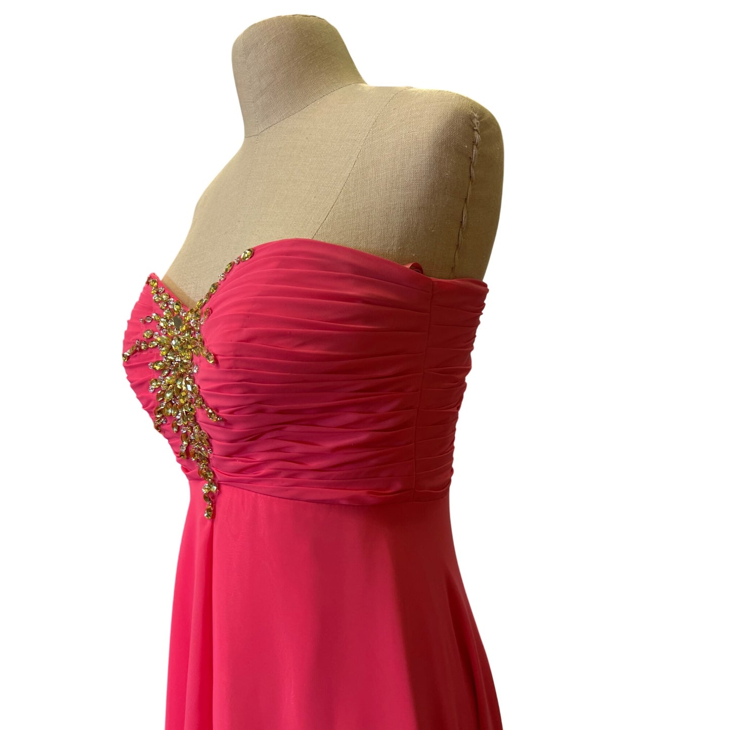 Vintage The Cool Collection Strapless Pink Dress Ruched Big Sparkling Rhinestone Embellishments Flowy Long Skirt Elegant Formal Homecoming