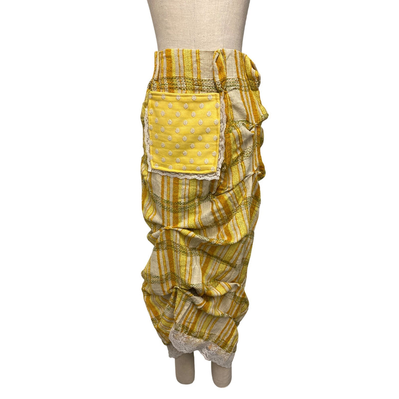 LUXBOHEME Handmade Upcycled Vintage Maxi Skirt With Yellow Polka Dot Big Pocket Lace Accents, Fundraiser for Sustainable Fashion Education