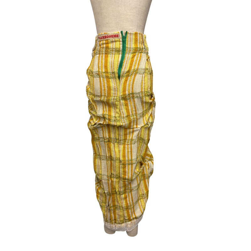 LUXBOHEME Handmade Upcycled Vintage Maxi Skirt With Yellow Polka Dot Big Pocket Lace Accents, Fundraiser for Sustainable Fashion Education