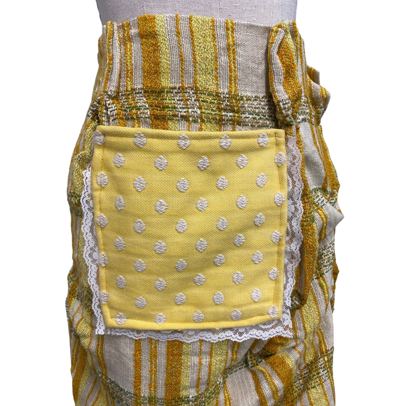 LUXBOHEME Handmade Upcycled Vintage Maxi Skirt With Yellow Polka Dot Big Pocket Lace Accents, Fundraiser for Sustainable Fashion Education