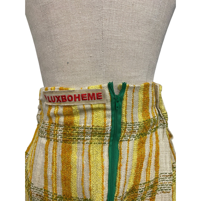 LUXBOHEME Handmade Upcycled Vintage Maxi Skirt With Yellow Polka Dot Big Pocket Lace Accents, Fundraiser for Sustainable Fashion Education