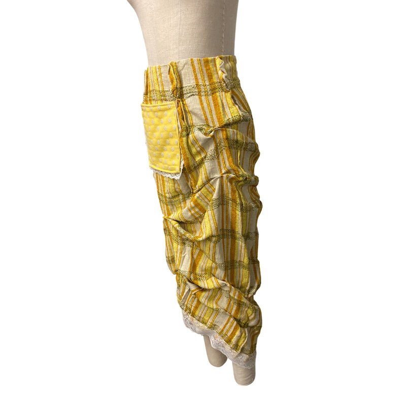 LUXBOHEME Handmade Upcycled Vintage Maxi Skirt With Yellow Polka Dot Big Pocket Lace Accents, Fundraiser for Sustainable Fashion Education